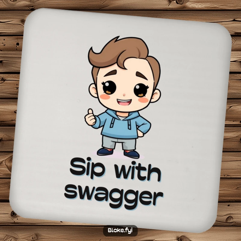 Funny drink coaster featuring a simple guy with a cheeky grin striking a confident, humorous pose, protecting surfaces with style.