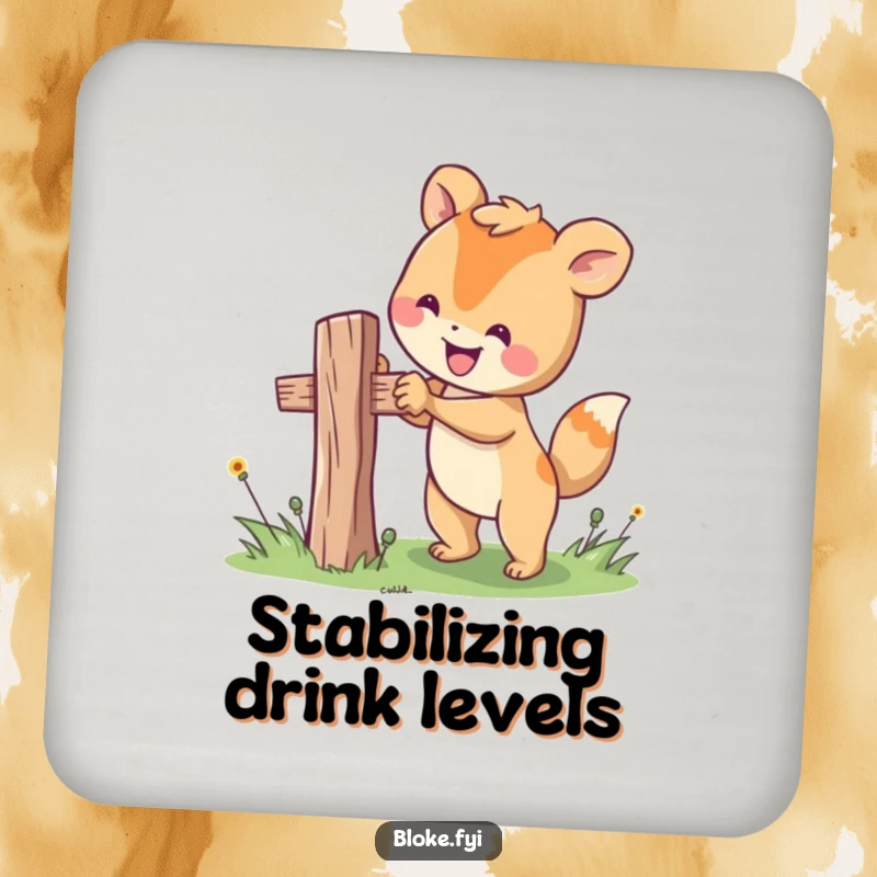 Funny drink coaster featuring a happy animal character attempting to fix a wobbly fence post, offering humorous surface protection.