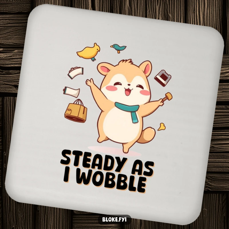Funny drink coaster with a stout animal character joyfully waddling and juggling mismatched items, protecting surfaces with cheer.
