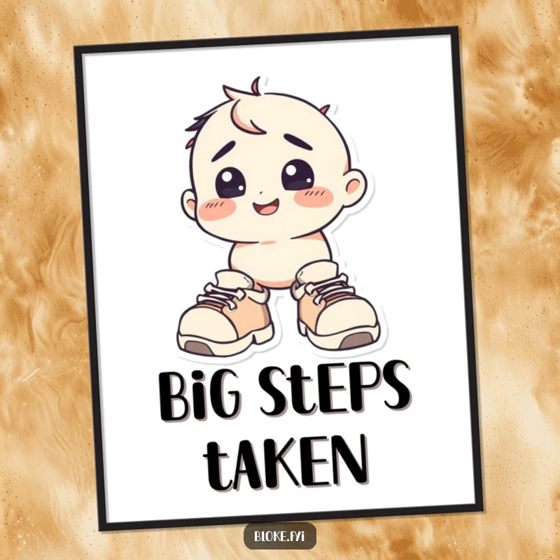 Funny Poster: A happy, squat figure looks bewildered wearing massive shoes, creating humorous and charming wall art.