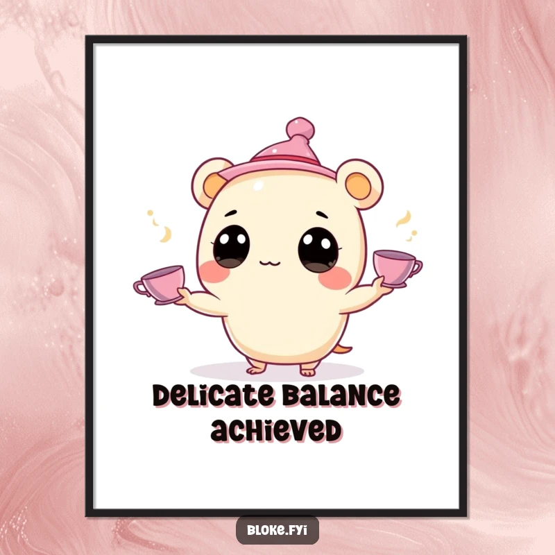 Funny Poster: A round, big-eyed creature in a jaunty hat juggles tiny teacups, creating delightful and humorous wall art.