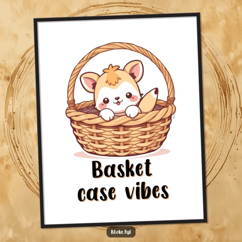 Funny poster art of a playful animal character humorously stuck inside a large woven basket, adding comedic charm to walls.