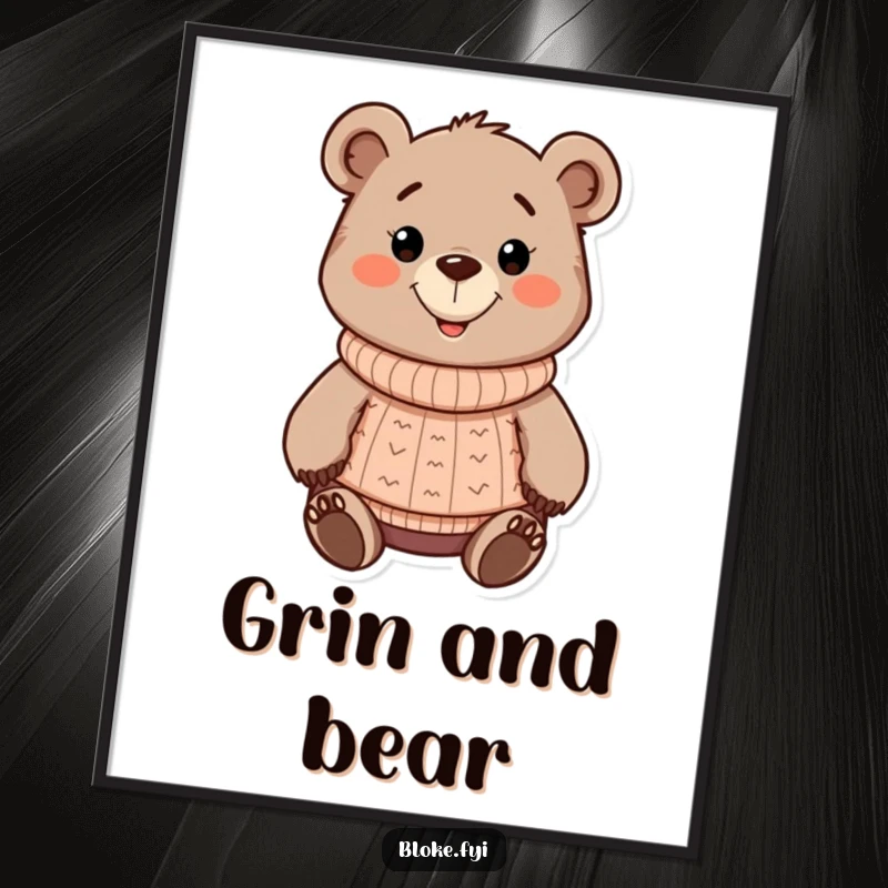 Funny chunky cartoon bear poster, wearing a knitted sweater and a friendly grin, a cheerful and humorous wall decoration.