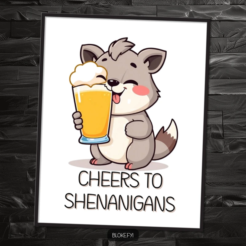 Funny Poster: Animal with a cheeky grin holding a pint glass, perfect for adding a festive and humorous touch.