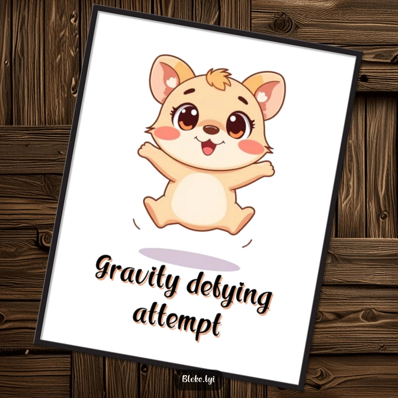 Funny poster print of a playful animal with wide, excited eyes making a clumsy jump, capturing pure joy and effort.