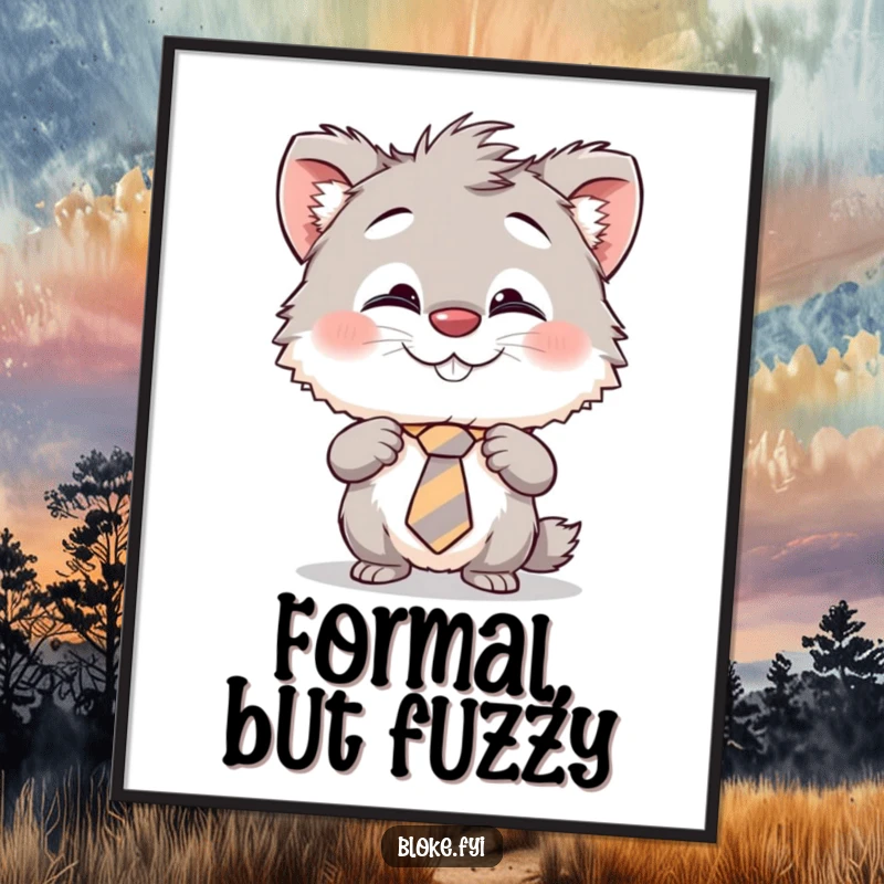 Funny poster art of a furry creature with a cheeky grin, humorously adjusting its askew tie, bringing laughter to wall decor.