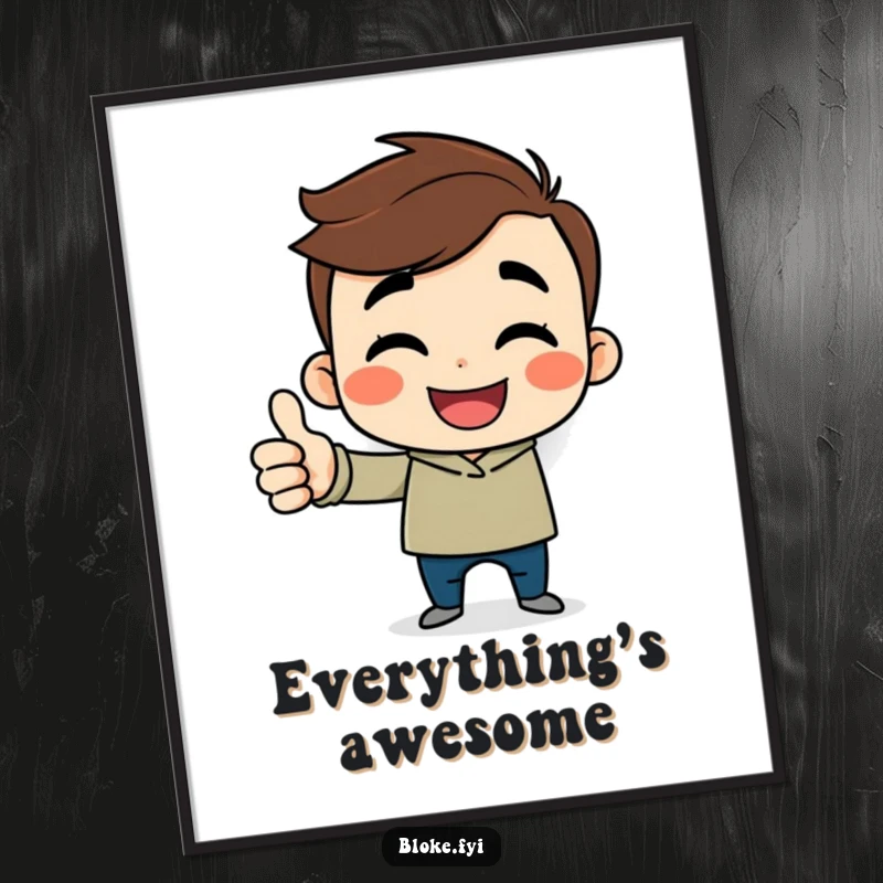 Funny cartoon guy poster print of a cheerful character, sideways smile, and a thumbs up, adding positive decor.