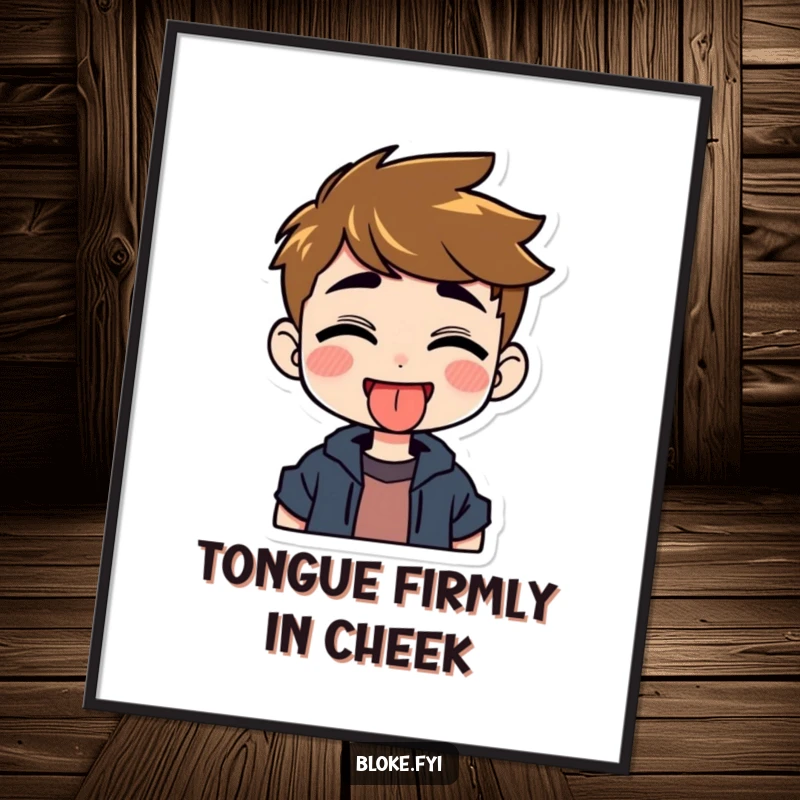 Funny poster print of a grinning guy character playfully sticking out his tongue, adding a humorous and mischievous decor element.