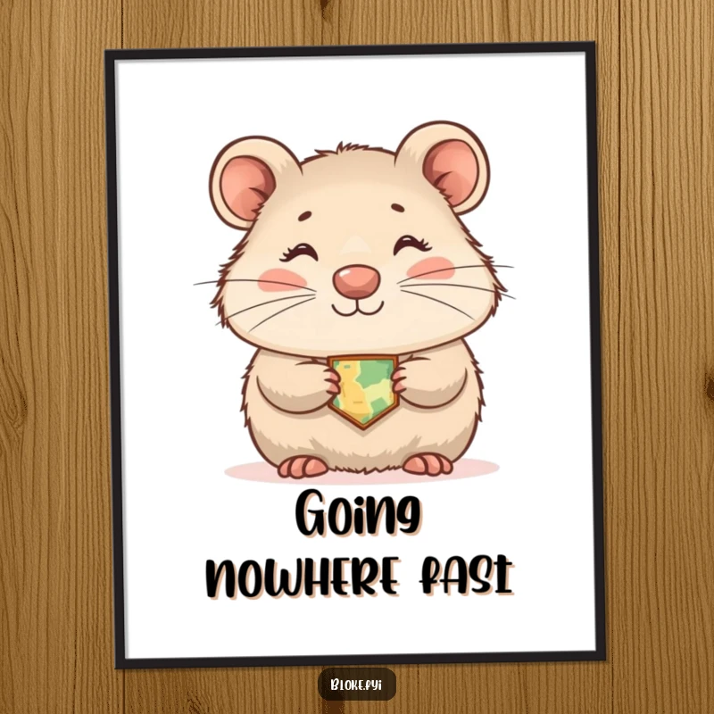 Funny wombat poster showing a shyly smiling marsupial wearing a tiny map, adding humorous and endearing wall art.