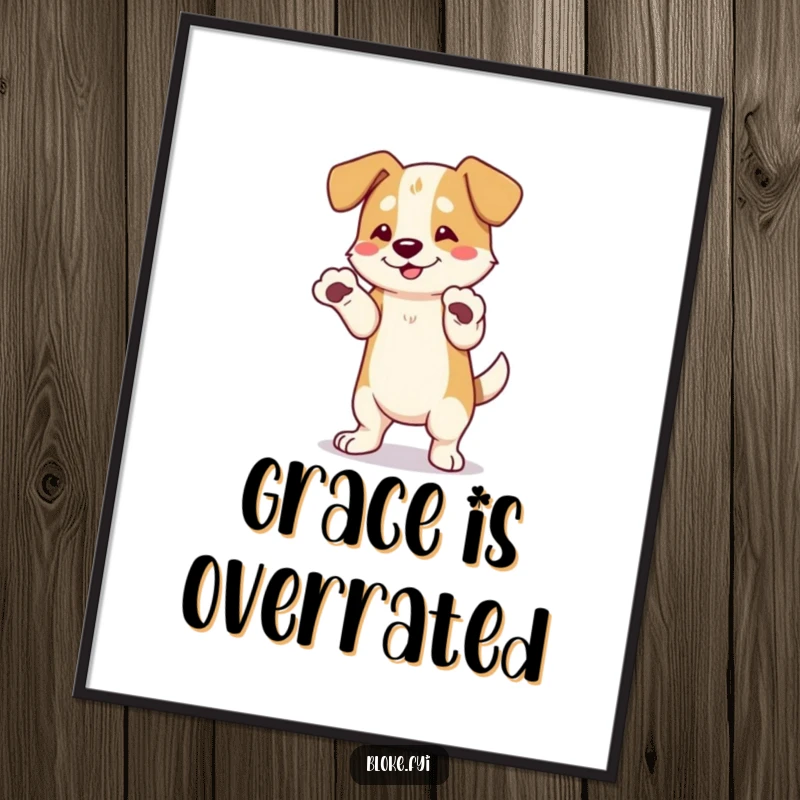 Funny Dog Poster: An adorable dog with comically large paws awkwardly dances, creating a scene of pure, infectious mirth.