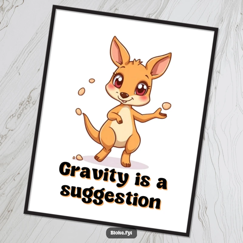 Funny kangaroo poster showcasing a wide-eyed kangaroo expertly juggling pebbles, adding humorous wall art.