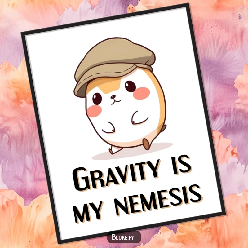 Funny poster print of a small, round animal character comically tripping over its feet while wearing a comically large flat cap, pure slapstick humor.