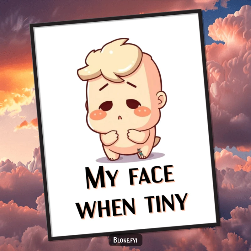 Funny poster displaying a bloke character's comical surprise at a very small object, adding humor to any room.