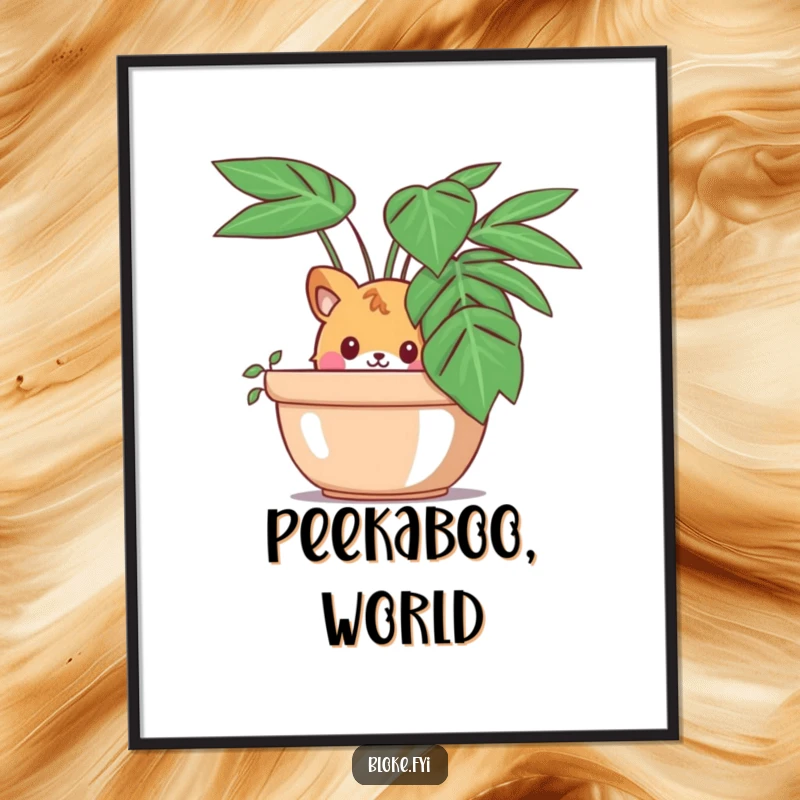 Funny poster depicting a curious animal character peeking out from behind a large potted plant, perfect for adding humorous decor.