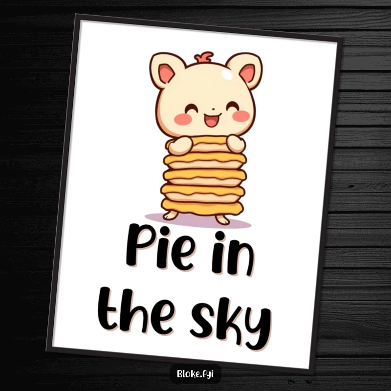 Funny Poster: A smiling, stubby character with round ears attempts to balance a huge stack of pies, creating humorous art.