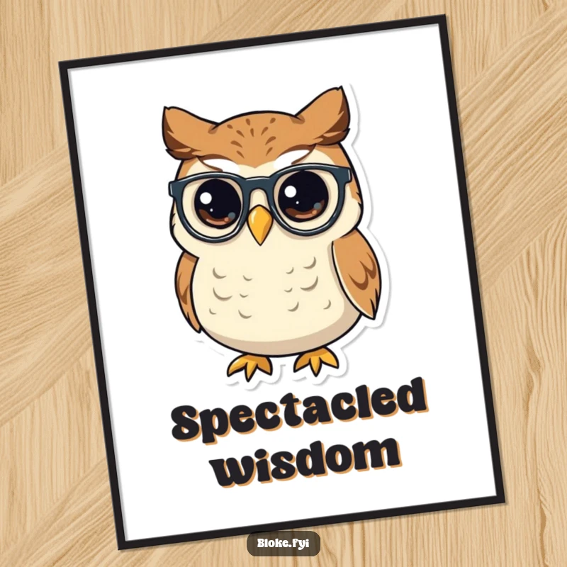 Funny small, round owl with a wise look tipping its spectacles, presented as captivating wall art poster.