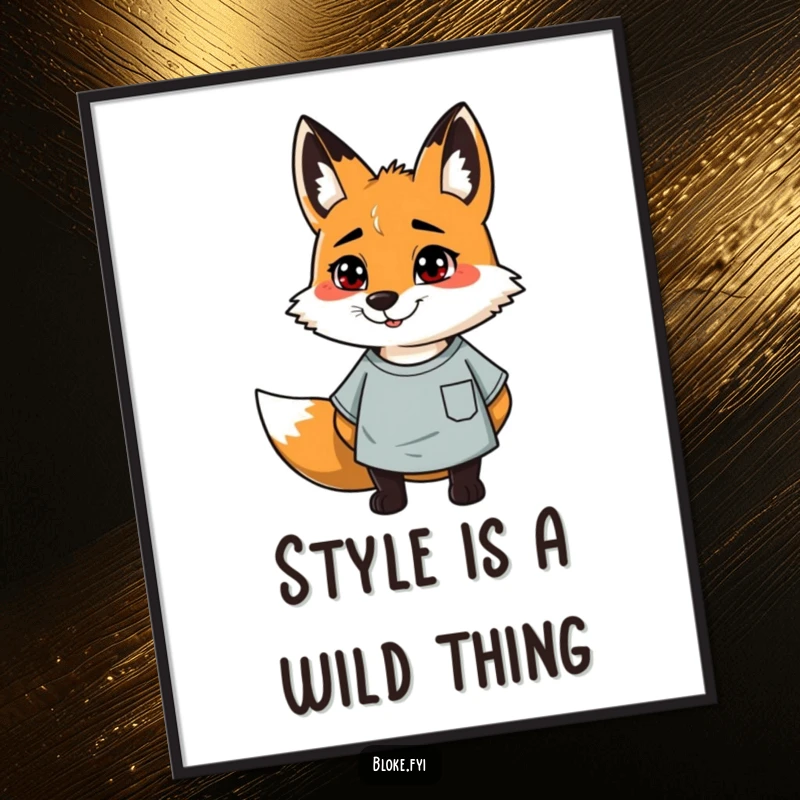 Funny poster of a cheerful, slightly scruffy fox in a casual t-shirt, adding a humorous touch to any room.