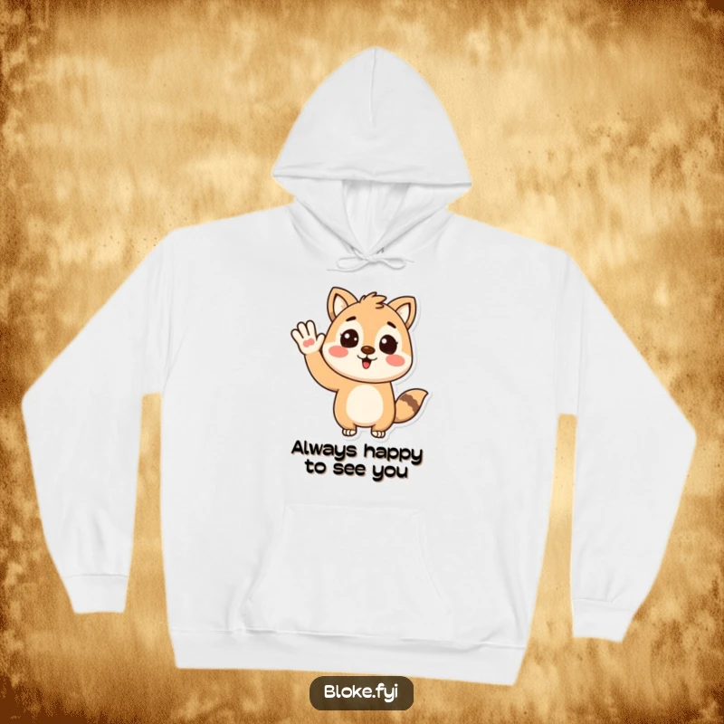 Funny hoodie featuring a stylized animal character giving an enthusiastic and welcoming wave, offering cozy comfort and cheer.