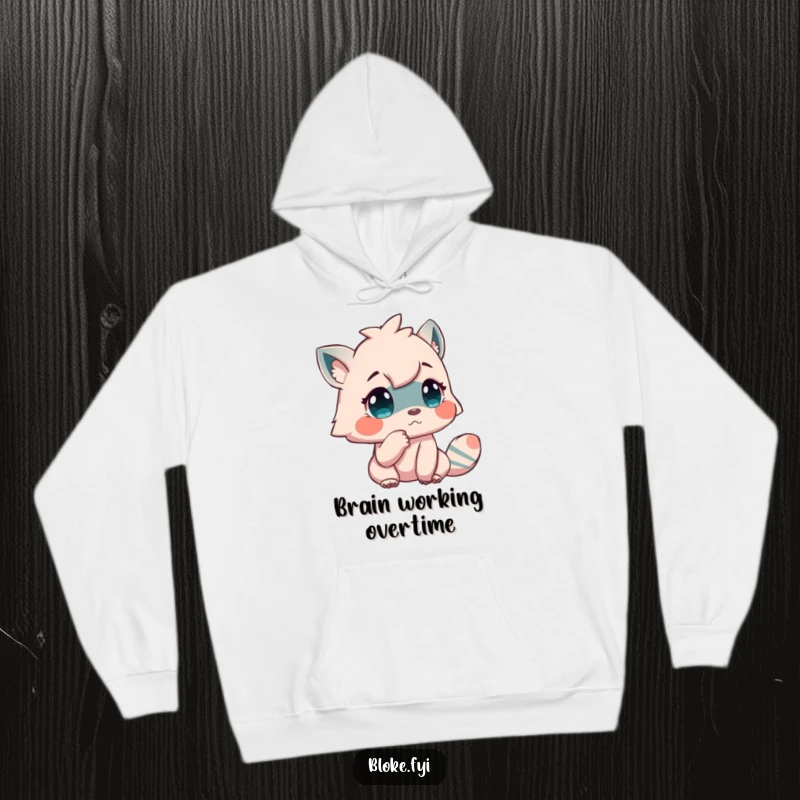 Funny hoodie with a creature tapping its chin in deep contemplation, designed for warmth and a humorous gift.