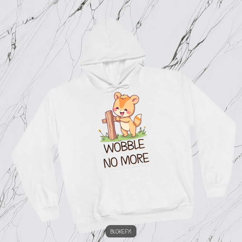 Funny hoodie showcasing a happy animal character working on a wobbly fence, offering warmth and DIY inspiration.