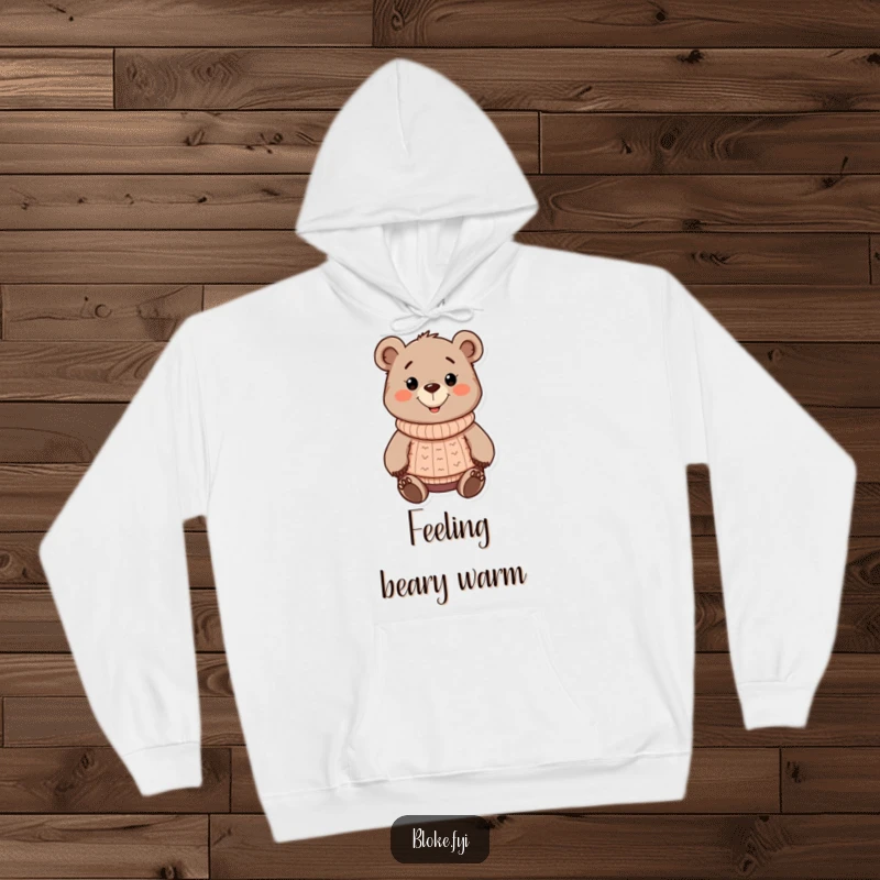 Funny chunky cartoon bear hoodie, wearing a warm knitted sweater with a friendly grin, perfect for cozying up.