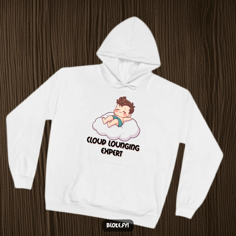 Funny hoodie depicting a relaxed bloke character lounging on a stylized cloud, perfect for a cozy and dreamy look.