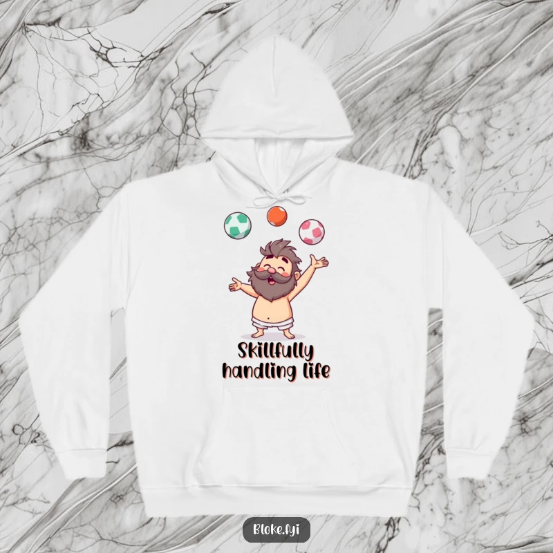 Funny hoodie depicting a hairy bloke character humorously juggling invisible balls, exuding pure comedic energy and warmth.