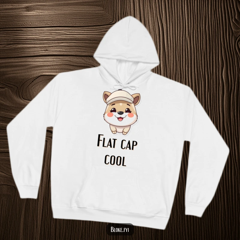 Funny hoodie featuring a cute animal wearing a flat cap and grinning broadly, perfect for cozy days and cheerful vibes.
