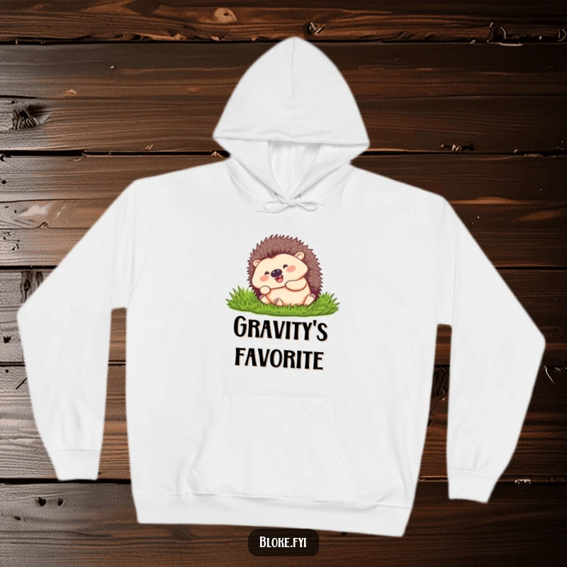Funny hedgehog with a happy expression, curled up and rolling, depicted on a soft hoodie.