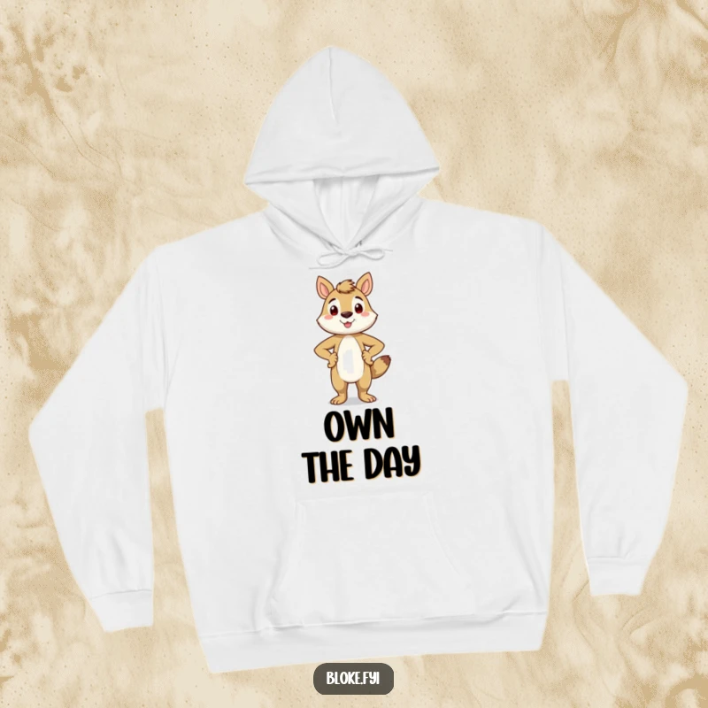 Funny hoodie displaying a smiling animal character standing proudly with its hands on its hips, radiating confidence and warmth.