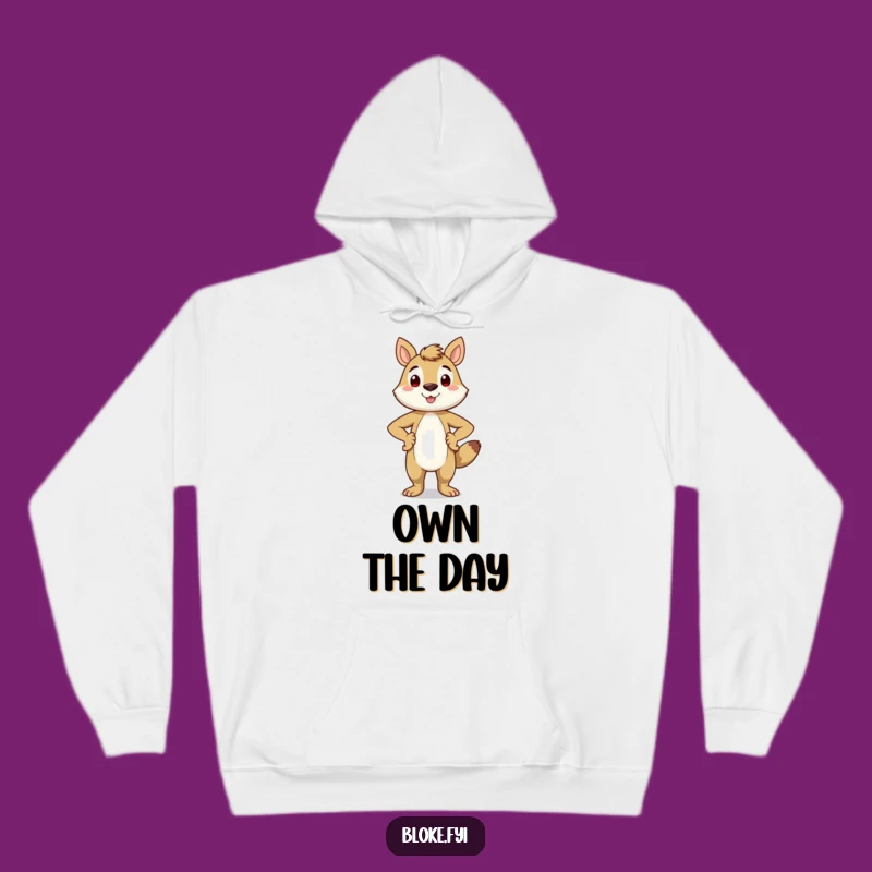 Stay warm and feel empowered in this funny hoodie. It showcases a proud animal character smiling with hands on its hips.