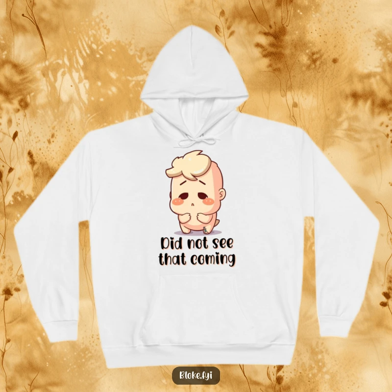 Funny hoodie showing a bloke character with a comically surprised look, fixated on a surprisingly small object.