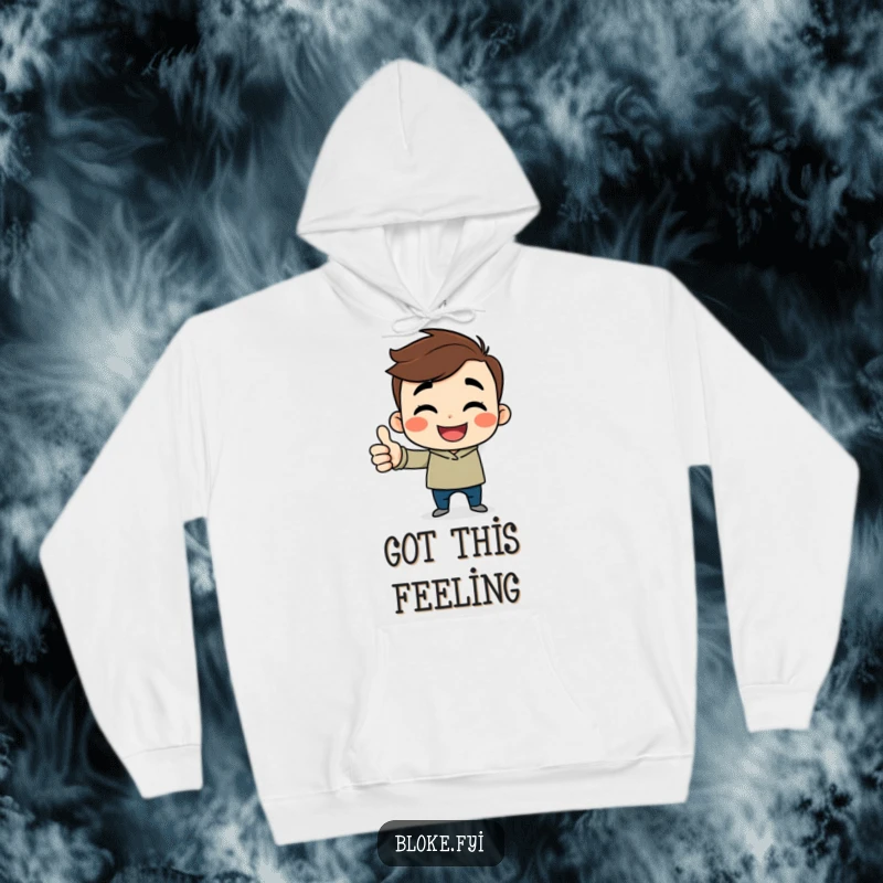 Funny cartoon guy hoodie with a cheerful character, sideways smile, and a thumbs up, offering cozy happiness.