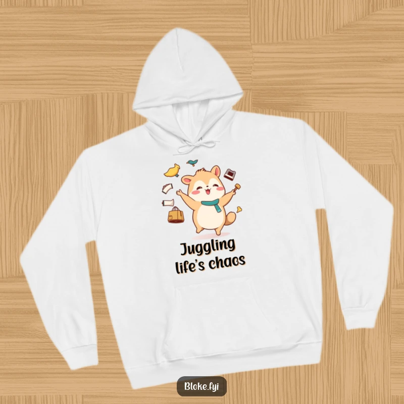 Funny hoodie depicting a stout animal character with a happy waddle, comically juggling several mismatched items, perfect for cozy wear.