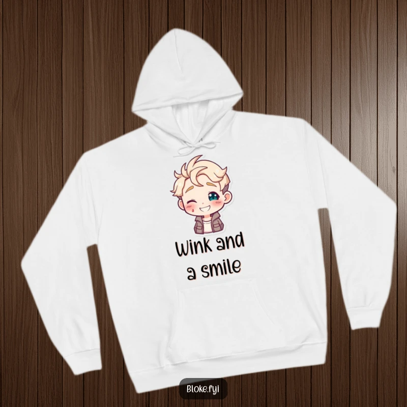 Funny hoodie depicting a smiling guy character offering a friendly, playful wink, perfect for a cozy look.