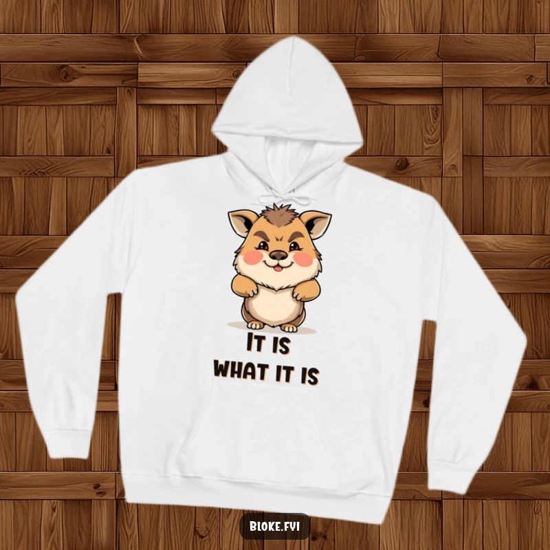 Funny Gruff Animal Hoodie with a character shrugging its shoulders, radiating friendly grumpiness and cozy humor.