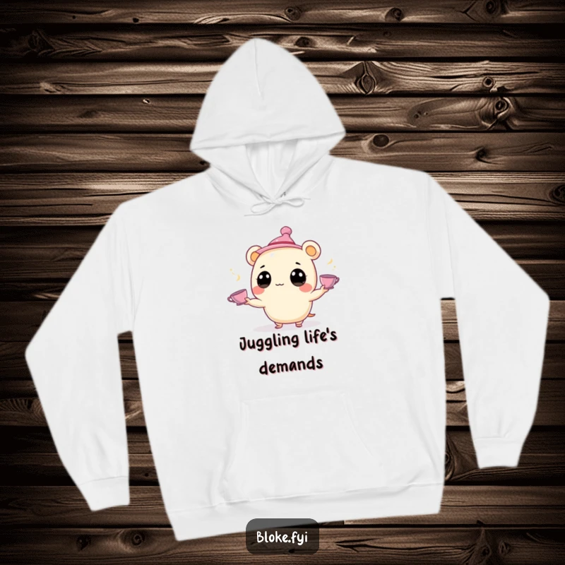 Funny Hoodie: A round, big-eyed character in a hat juggles numerous tiny teacups, creating a humorous and cozy design.