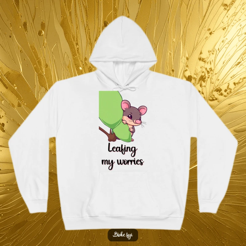 Funny platypus hoodie with a curious creature peeking from behind a eucalyptus leaf, ideal for cozy, humorous wear.