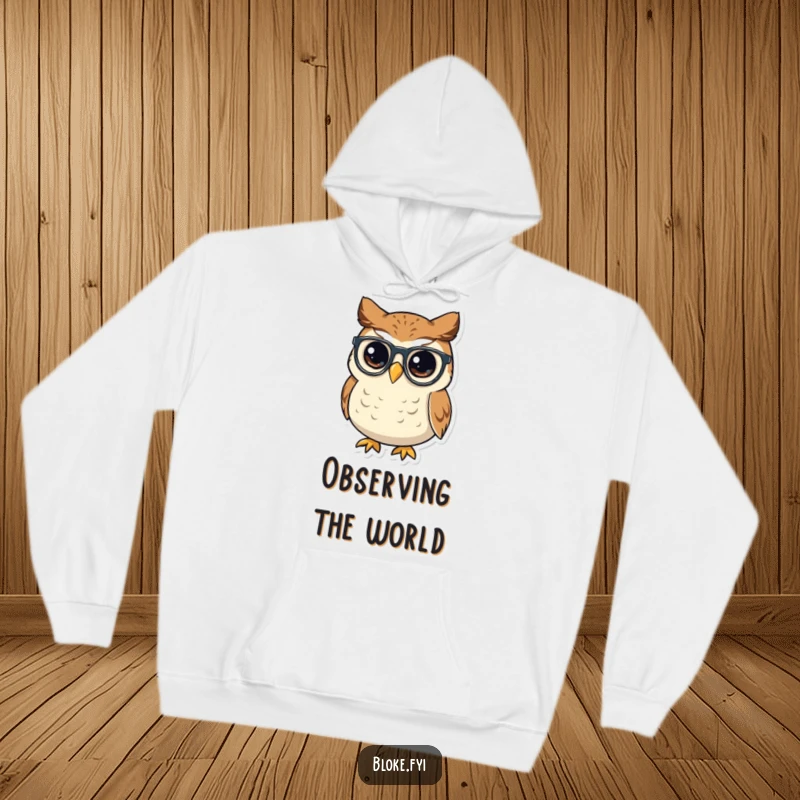 Funny small, round owl with a wise look tipping its spectacles, featured on a soft and warm graphic hoodie.