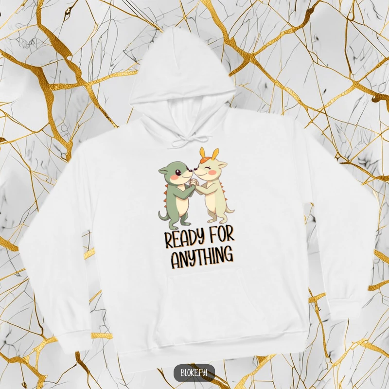 Funny Arm Wrestle Creature Hoodie featuring a character with short, sturdy limbs engaged in a friendly arm wrestle.
