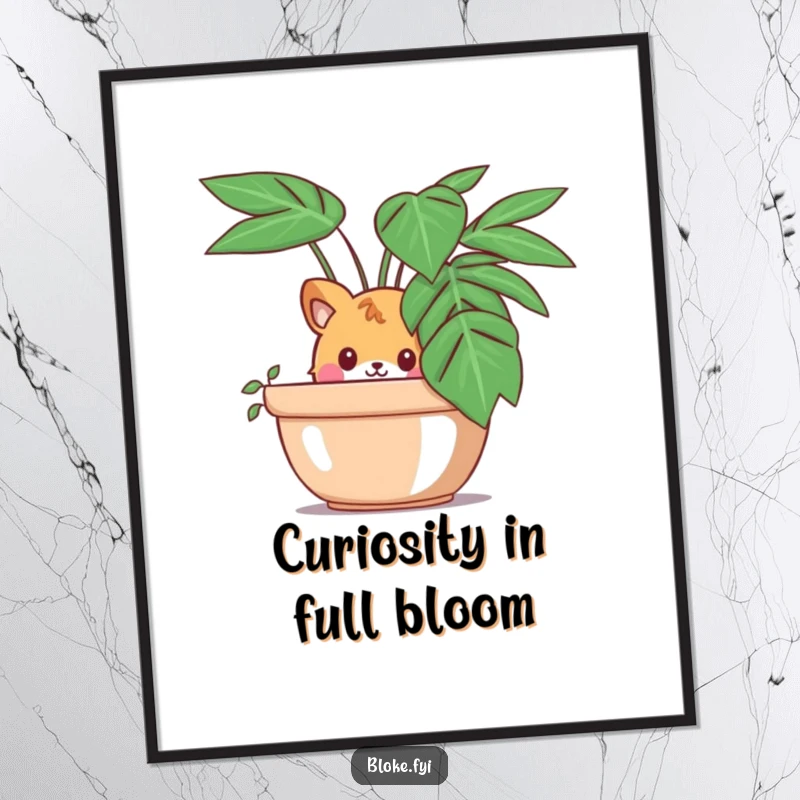 Funny Free Printable Wall Art: Curious animal character peeking from behind a large potted plant, adding intrigue. Downloadable art.