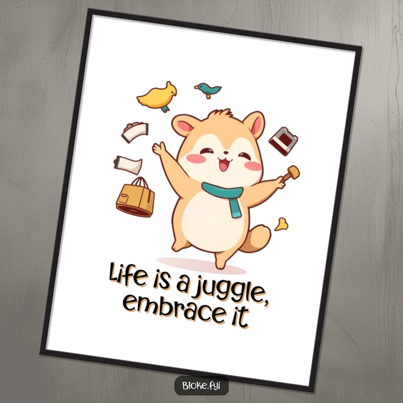 Funny Free Printable Wall Art: Stout animal character happily waddling and juggling several odd items.