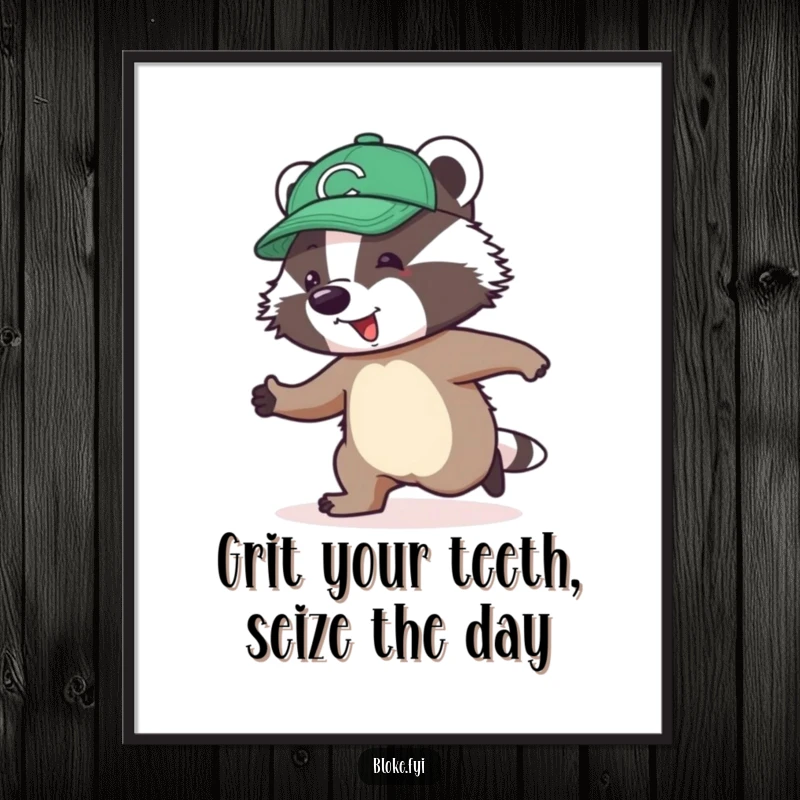 Funny Free Printable Wall Art: Jolly badger in a cap awkwardly attempting to skip.