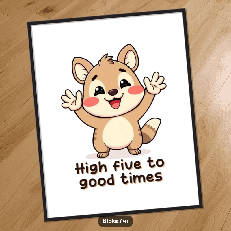 Funny Free Printable Wall Art: Happy animal character grinning widely, performing an epic, exaggerated high-five, energetic downloadable art.