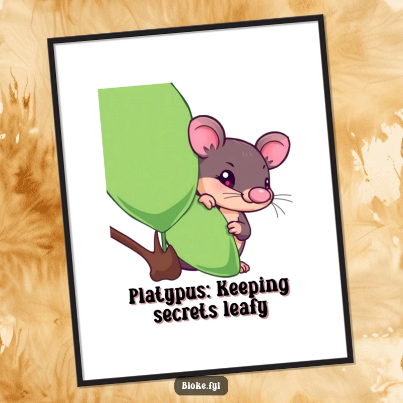 Funny free printable wall art showing a curious platypus peeking from behind a stylized eucalyptus leaf, adding a playful touch.