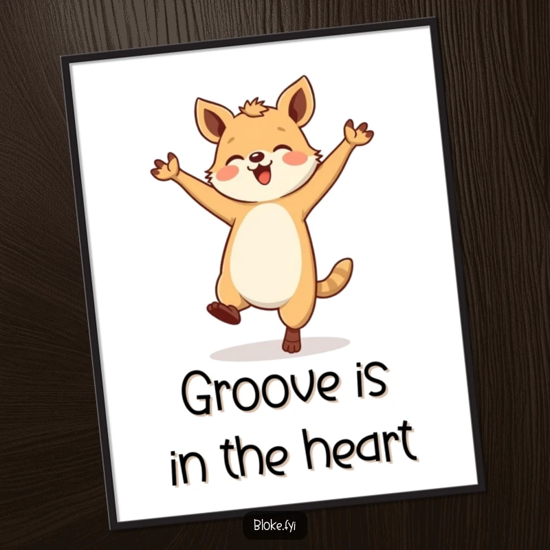 Funny free printable wall art: A sturdy animal doing a hilariously clumsy yet joyful dance, radiating pure happiness. Downloadable art.