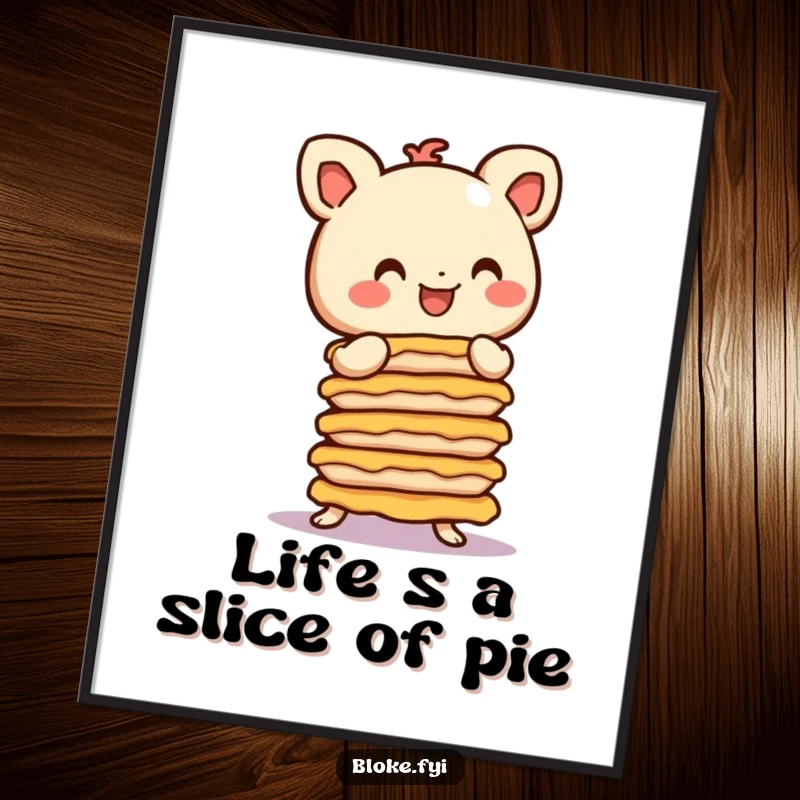 Funny Free Printable Wall Art: A stubby, smiling figure with round ears attempts to balance a tower of delicious pies.