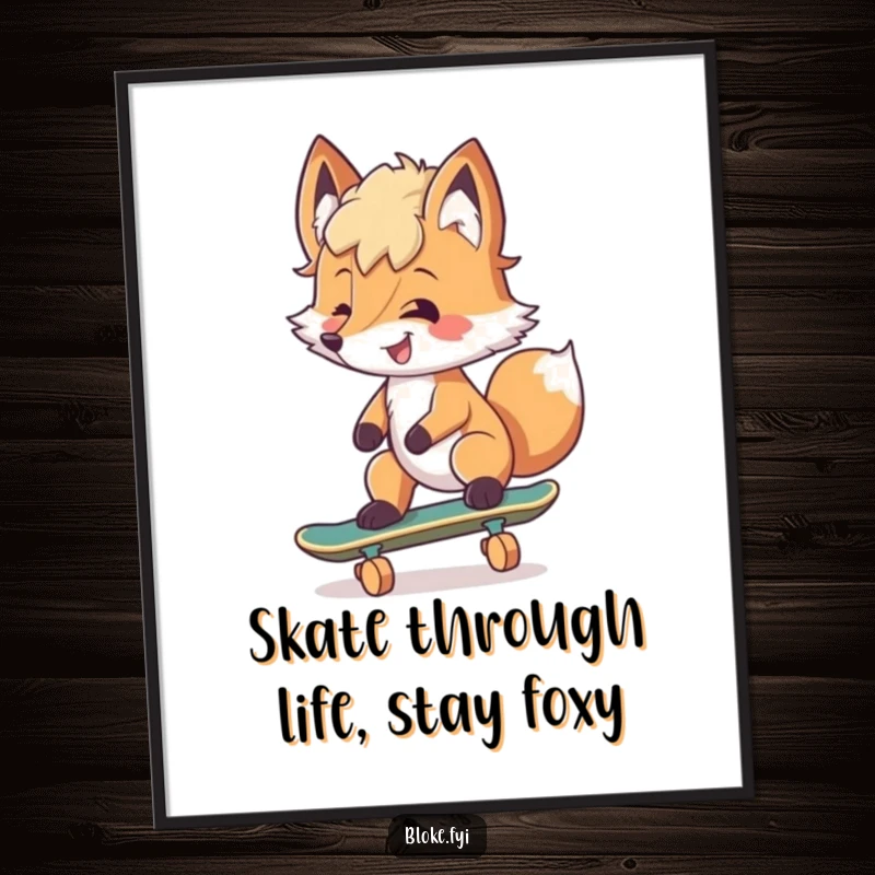 Funny Free Printable Wall Art: Smiling fox with tousled fur trying to ride a skateboard.