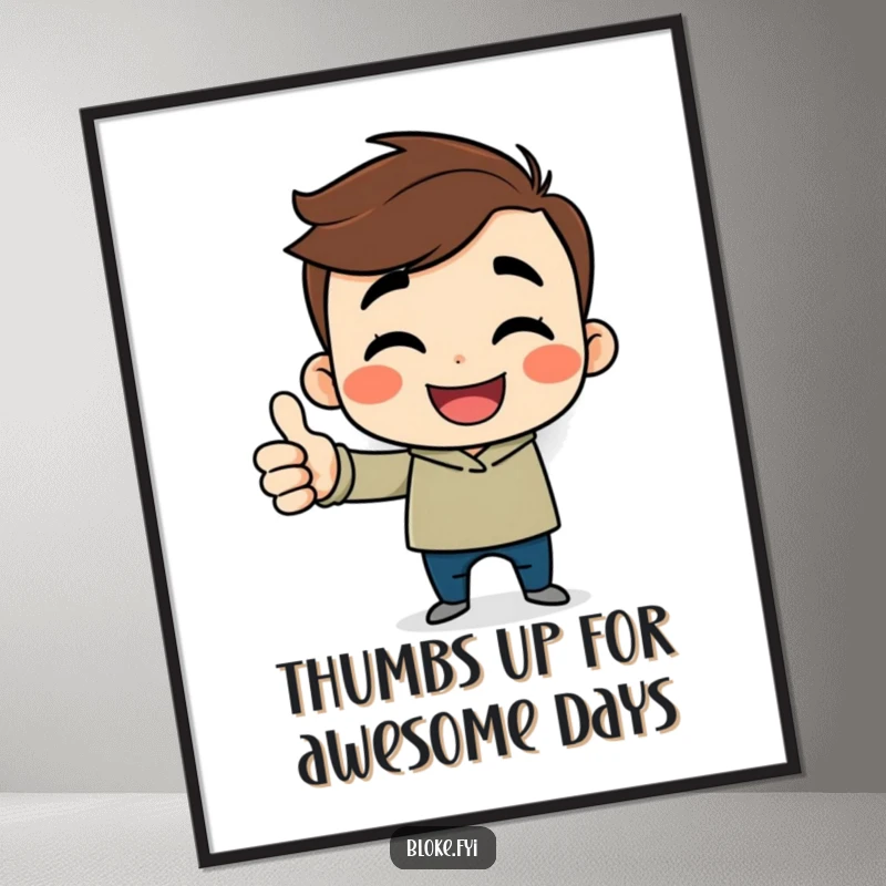 Free Printable Guy Wall Art: Cheerful cartoon guy with a sideways smile gives a big thumbs up, radiating positivity.