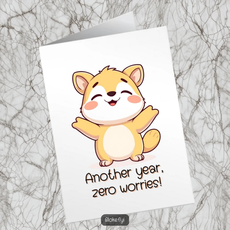 Funny Free Printable Birthday Card: Happy animal shrugs shoulders with a relaxed attitude, conveying carefree celebration. Great DIY gift.